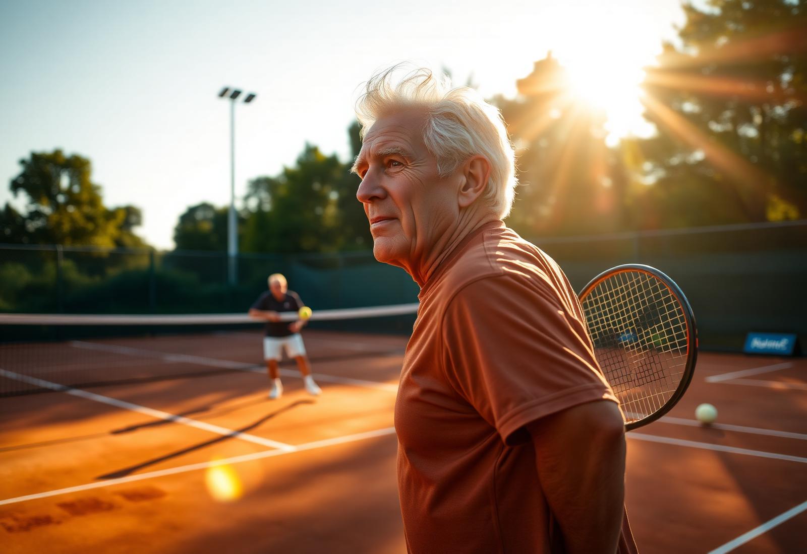 Masters tennis players on a clay court at golden hour